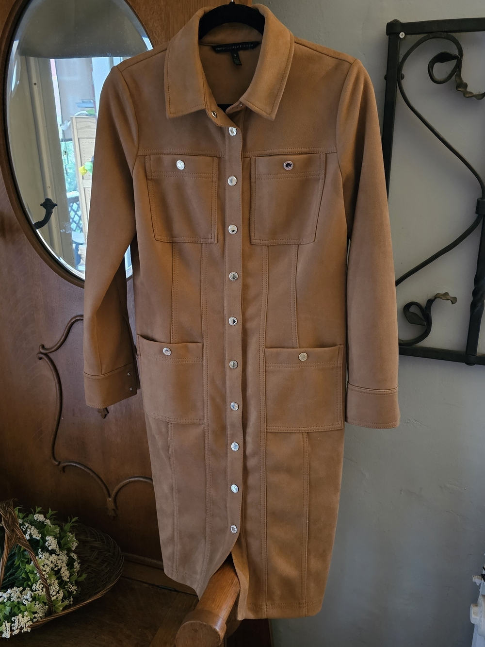 White House Black Market Faux Suede Midi Shirt Dress Camel Brown Size 8